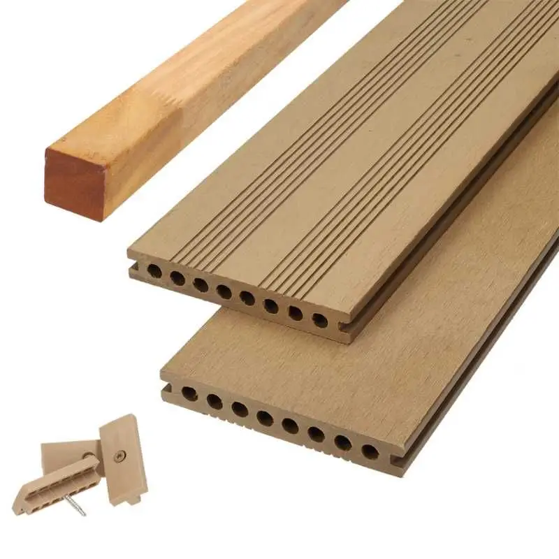 Vlonder totaalpakket composiet semi massief 2,1 x 14 cm teak bruin (4 mtr) fijne ribbel en vlak Voordeelprijs