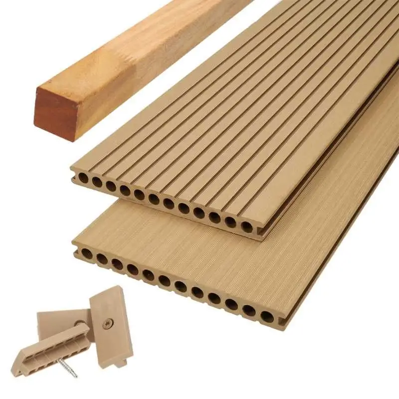 Direct Verzonden Vlonder totaalpakket composiet semi mass. 2,5x25cm XXL teak bruin (4mtr) grove ribbel/geborsteld