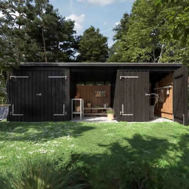Gecertificeerd Multi tuinhuis 2 dubbele deur/dicht/open met dakleer 14 m2 onbehandeld 218 x 635 x 220 cm - Type B