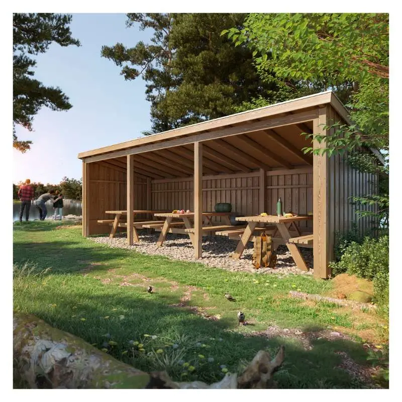 Overkapping met 3 picknicktafels 14 m2 - 635 x 218 x 169/220 cm Laatste Kans