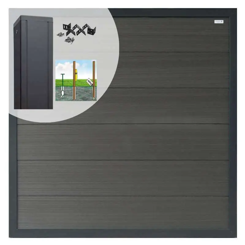 Laatste Versie Schutting set composiet Forte antraciet met antraciet aluminium kader (7,54 meter)