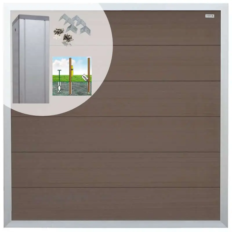 Gereduceerde Prijs Schutting set composiet Forte bruin met blank aluminium kader (5,67 meter)