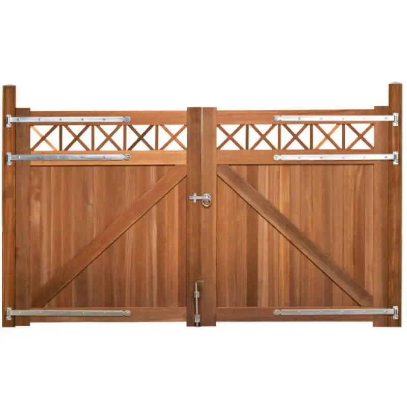 Op = Op Dubbele poort hardhout bankirai Belmonte set met trellis en 2 palen en steunpiket (300 x 180 cm)