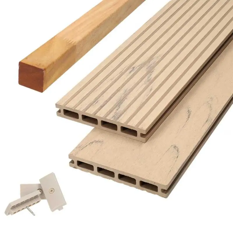 Speciale Aanbieding Vlonder totaalpakket composiet 2,1 x 14 cm steengrijs gevlamd (5 mtr) vlak/grove ribbel