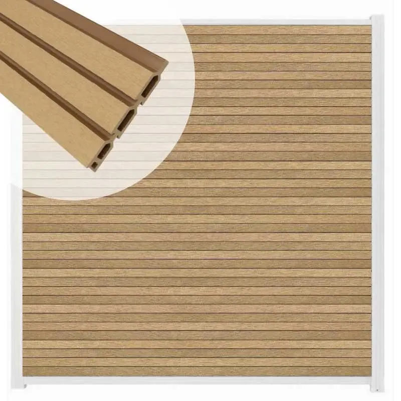 Zelfbouw schutting composiet Rhombus Triple teak - wit alu accessoires (180 x 200 cm) Nieuw
