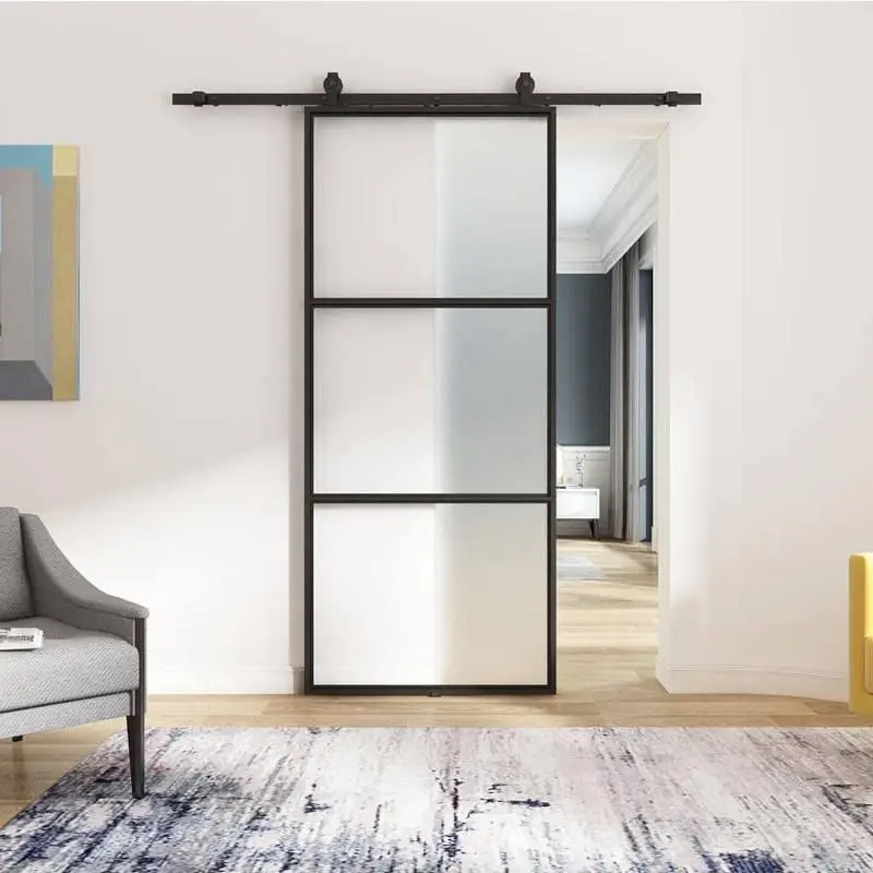 Premium Zelfbouw schuifdeur staal - Loft - 3 vaks mat glas - 213,4 x 91,4 cm - inclusief schuifsysteem